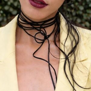 Black Leather Lace-Up Strappy Choker Necklace
